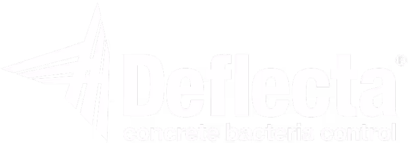 Deflecta logo with stylized abstract triangular design and text 'Deflecta concrete bacteria control'.