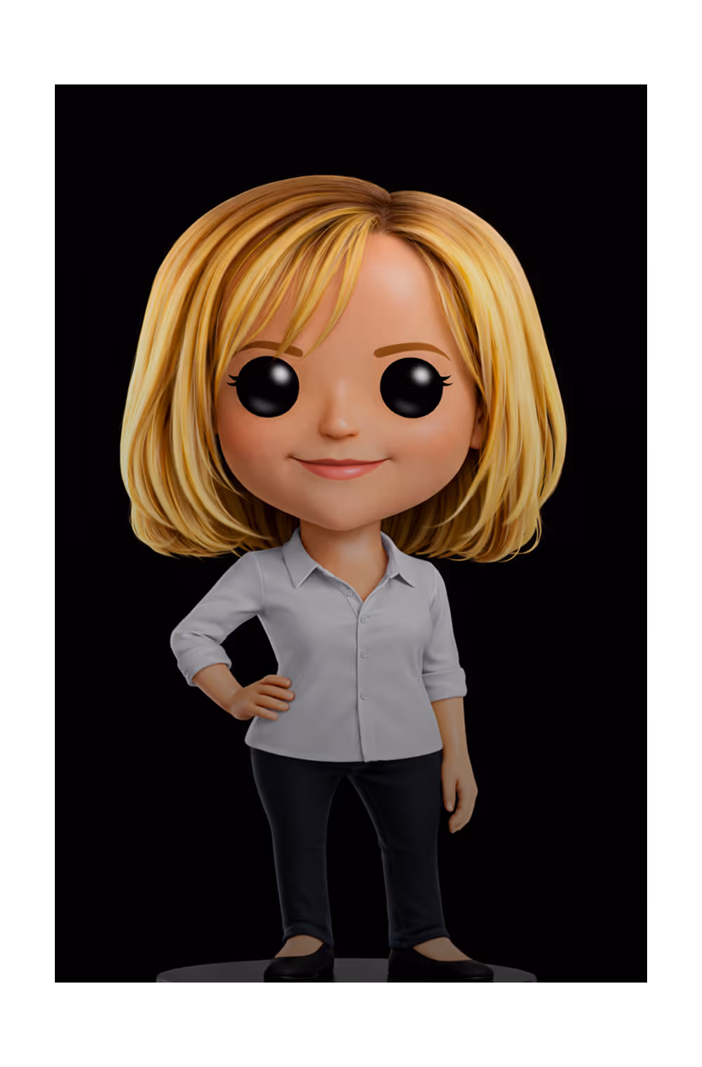 Stylized figurine of a blonde woman with a bob haircut wearing a white shirt, black pants, and black shoes standing confidently with one hand on her hip.
