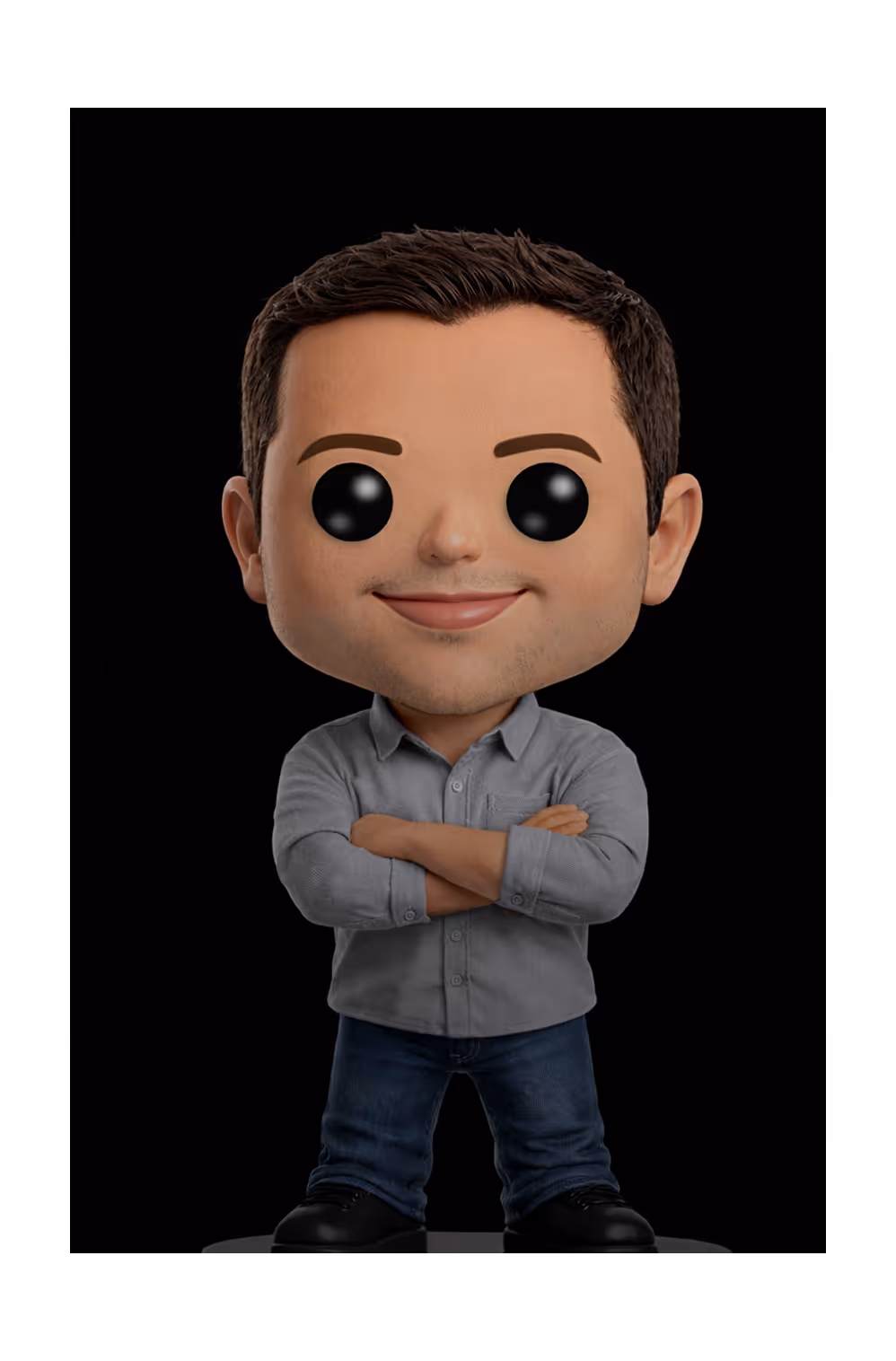 Funko Pop-style figurine of a man with short brown hair, gray shirt, blue jeans, and black shoes, standing with arms crossed and smiling.