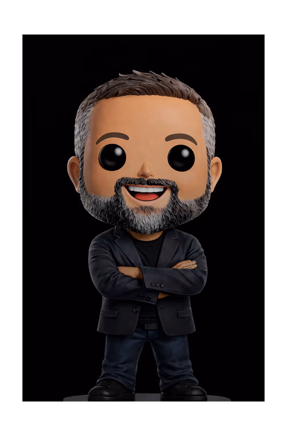 Funko Pop figure of a smiling man with gray hair and beard, wearing a black blazer, black shirt, jeans, and black shoes, standing with arms crossed.