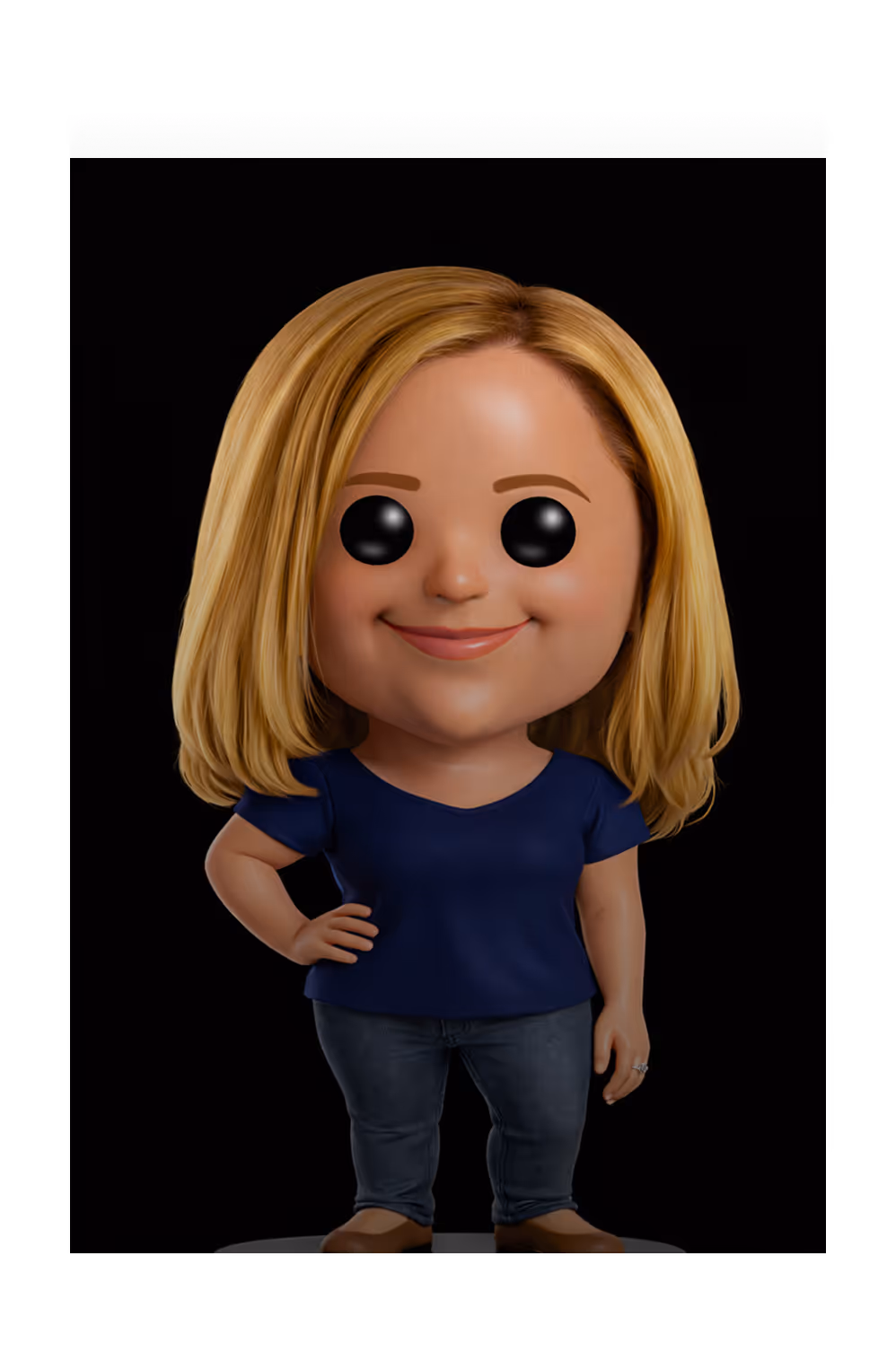 Funko Pop-style figurine of a woman with blonde hair, wearing a navy blue shirt, jeans, and brown shoes, smiling with one hand on her hip.