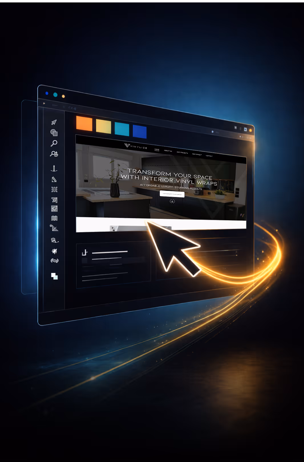 Digital design interface with interior vinyl wrap website and glowing cursor with light trail on dark background.