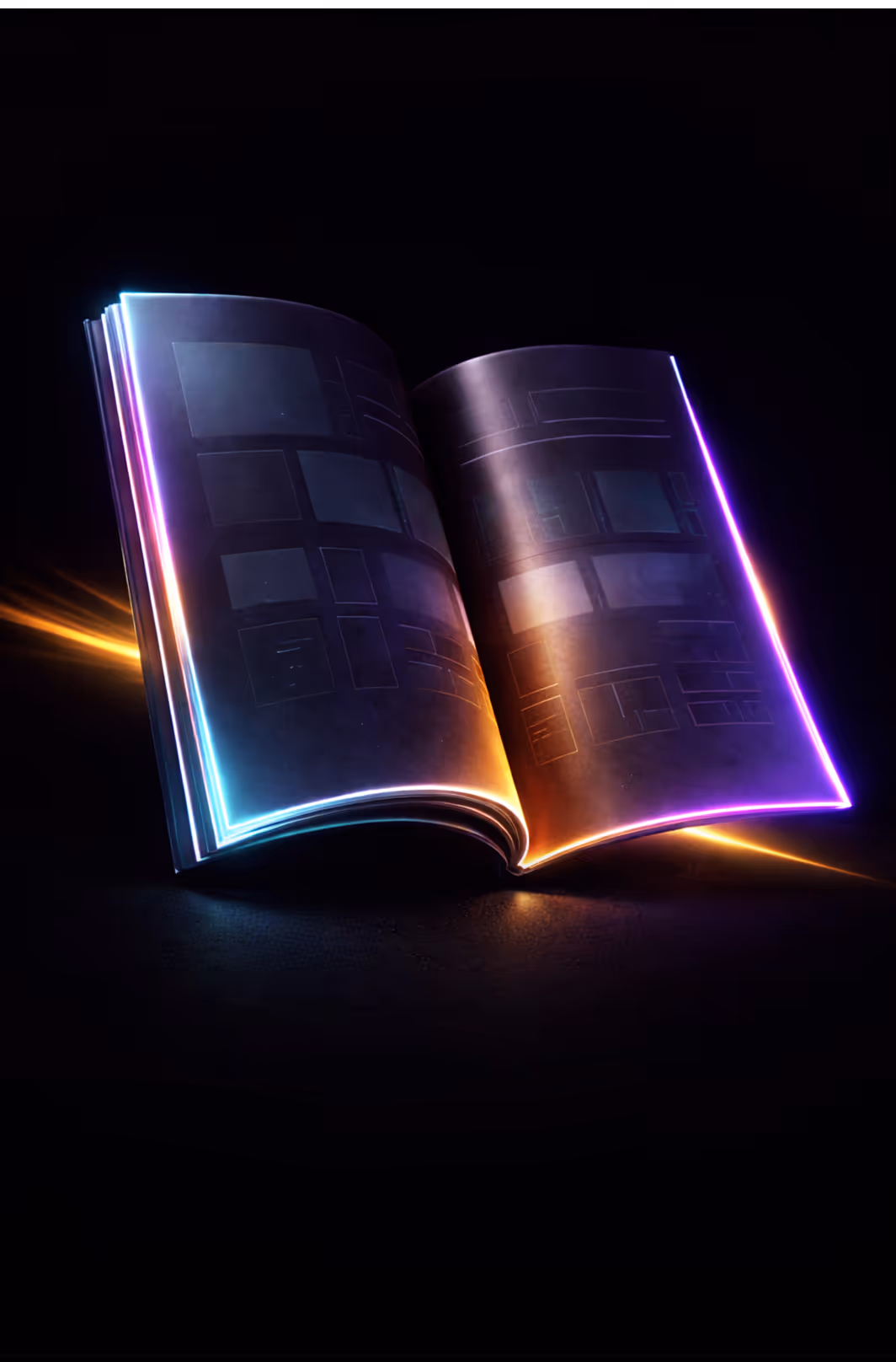 Open book with neon glowing edges in blue, purple, and orange on a dark background.