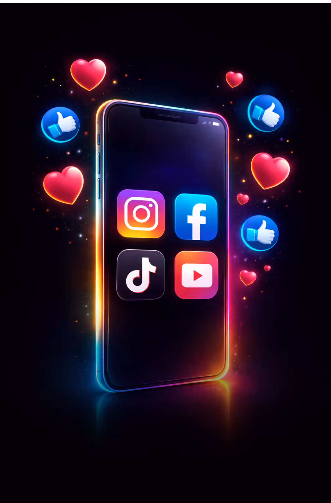 Smartphone with Instagram, Facebook, TikTok, and YouTube icons glowing, surrounded by floating heart and thumbs-up reaction emojis.
