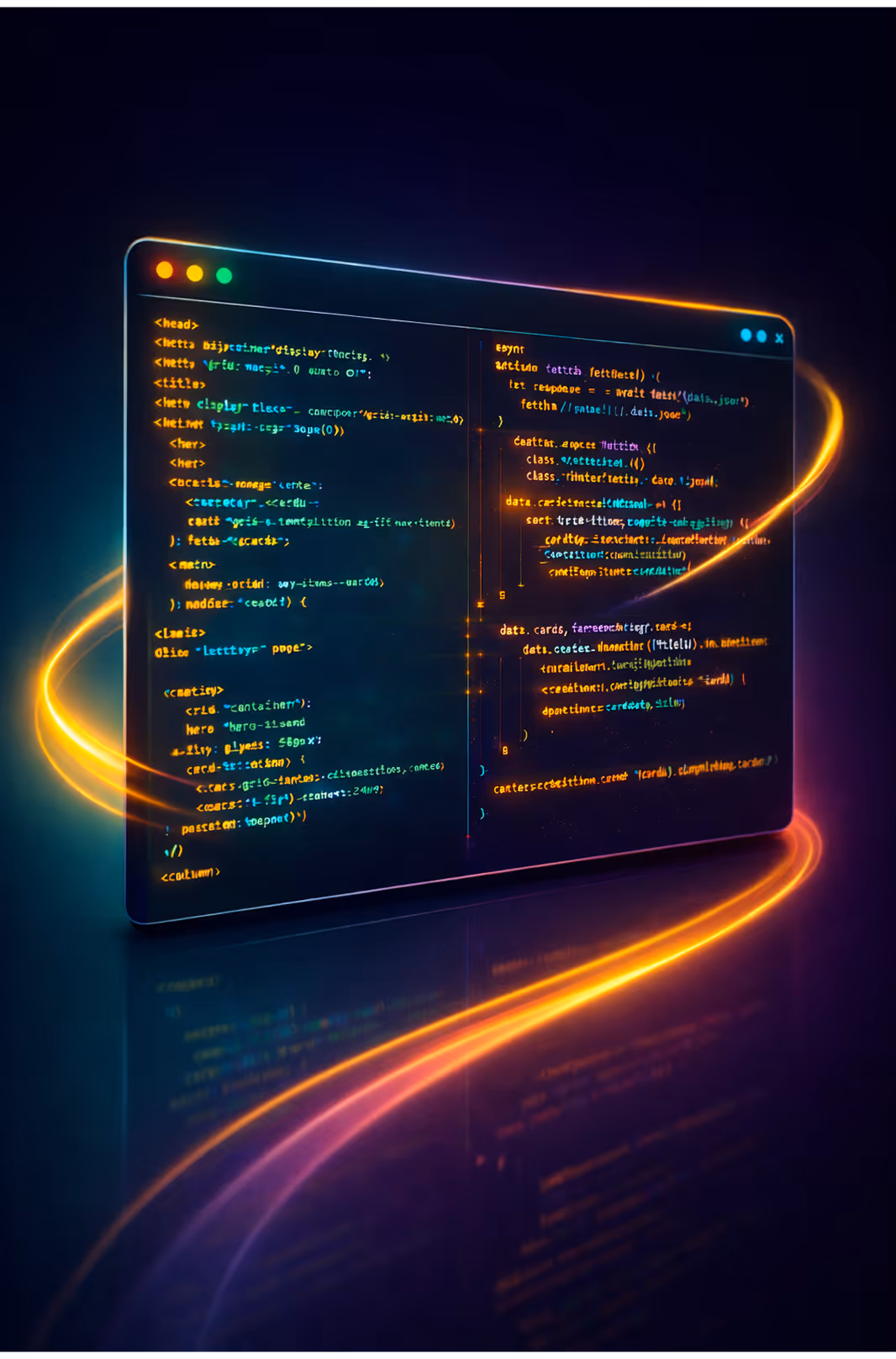 A glowing, futuristic computer screen displaying colorful code with swirling neon light trails on a dark background.