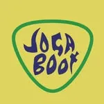 Jogaboot brand logo with stylized dark blue text inside a green-bordered, light green triangular shape on a yellow background.