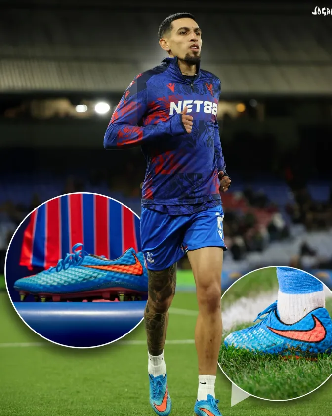 Soccer player in blue and red training gear jogging on field, wearing bright blue and orange Nike cleats shown in close-up in insets.