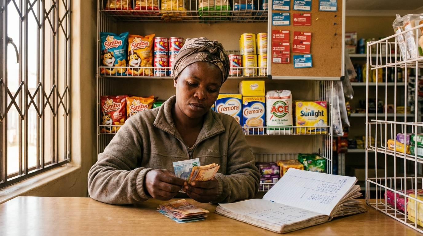 South African small business owner counting rand notes at the till