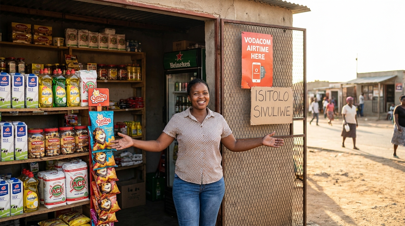 Confident South African spaza shop owner standing in front of her well-stocked store