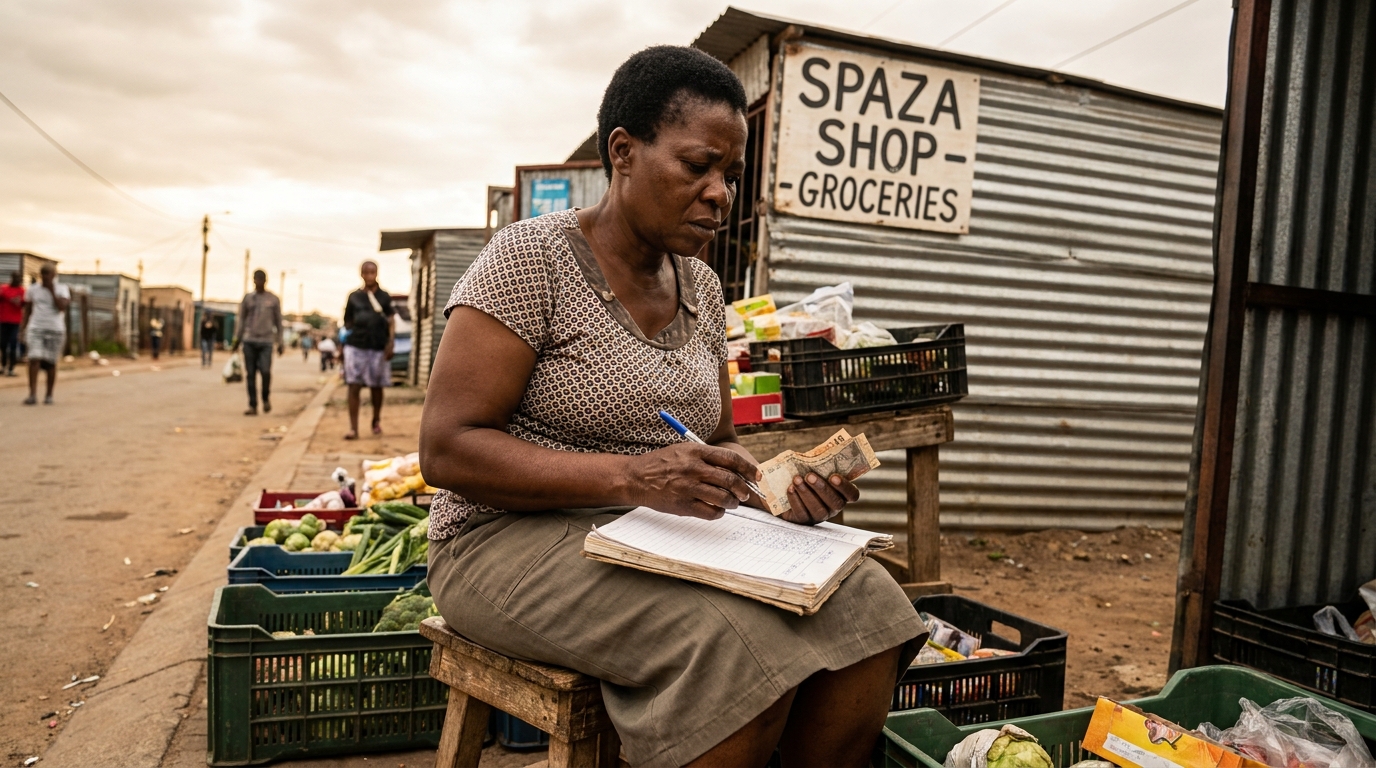 South African market trader reviewing finances at her stall
