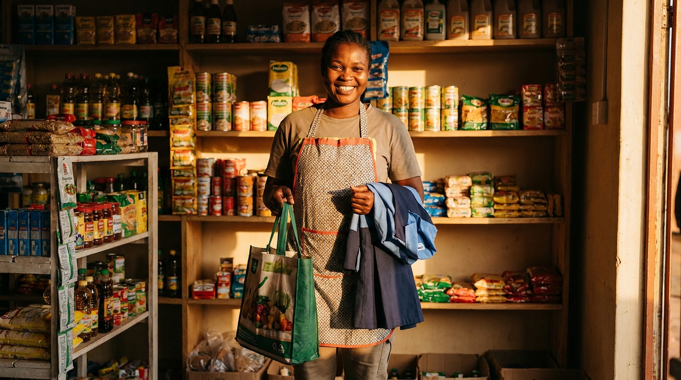 South African woman returning home with groceries, relieved