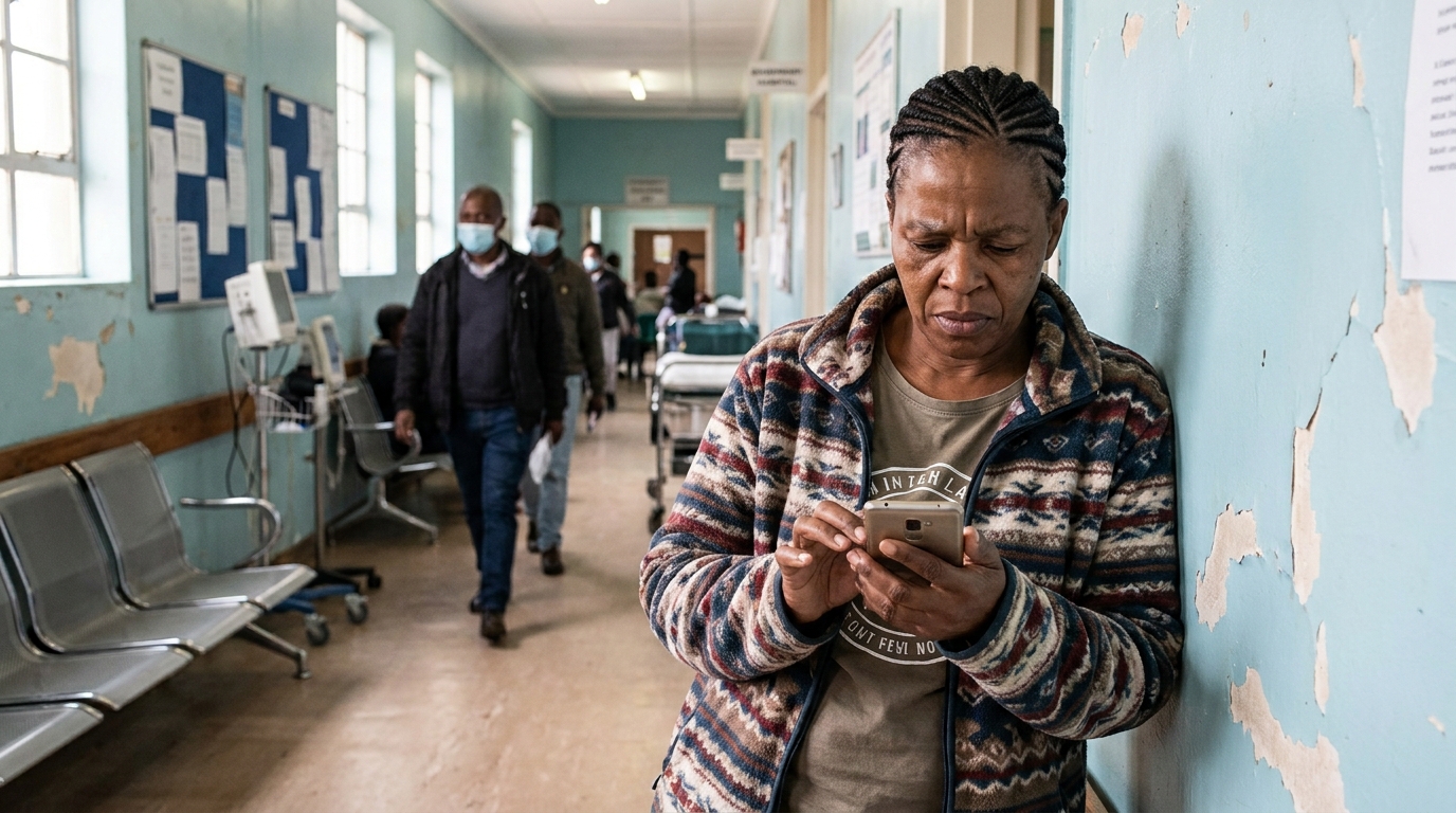South African woman in hospital corridor managing a financial emergency on her phone