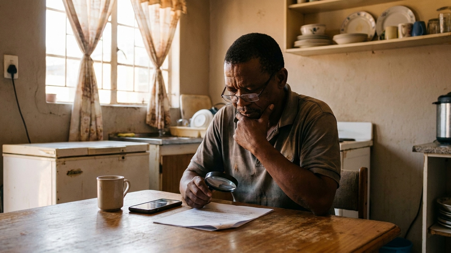 South African man reading loan documents at home
