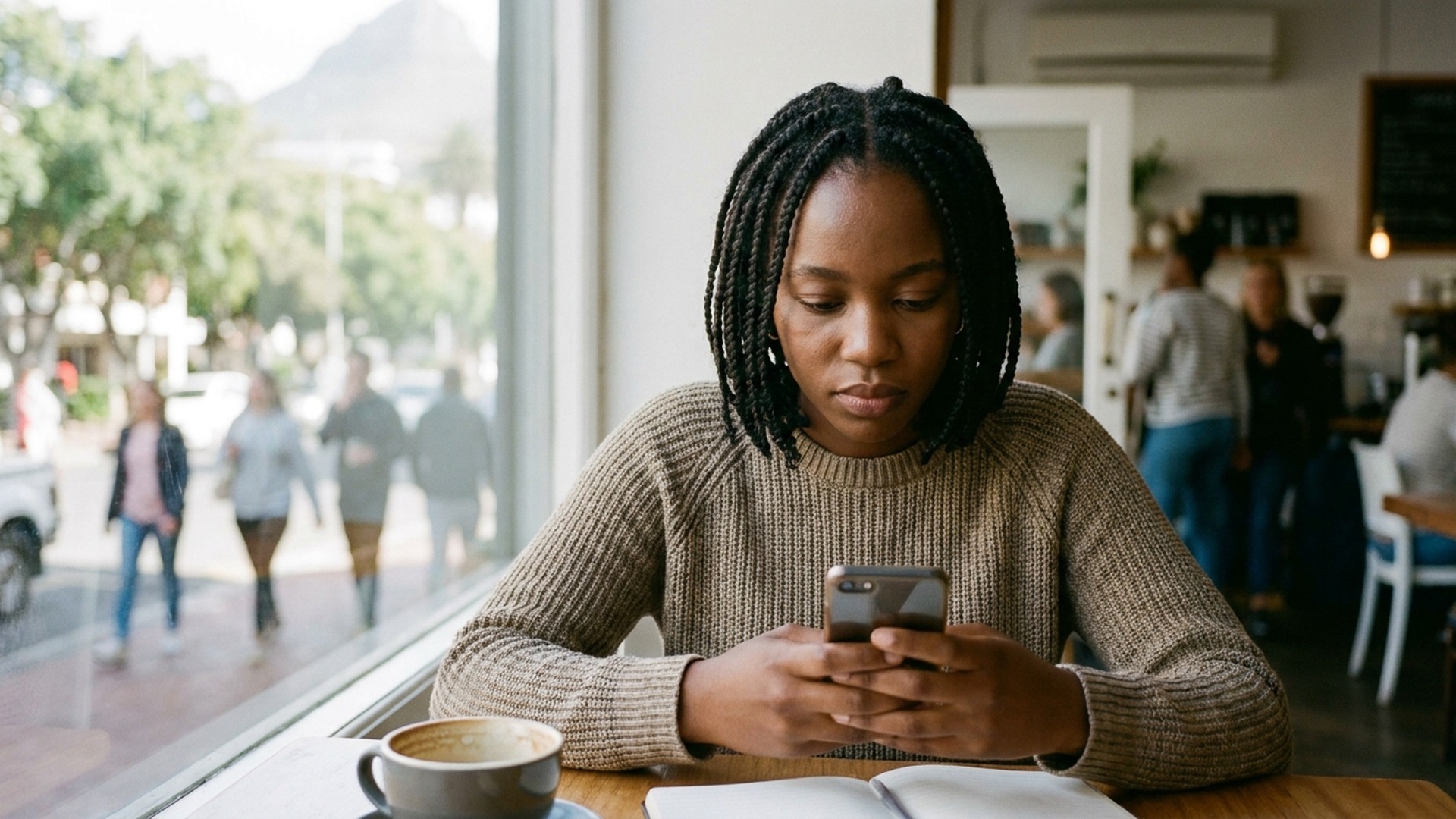 Young South African woman researching loans on phone