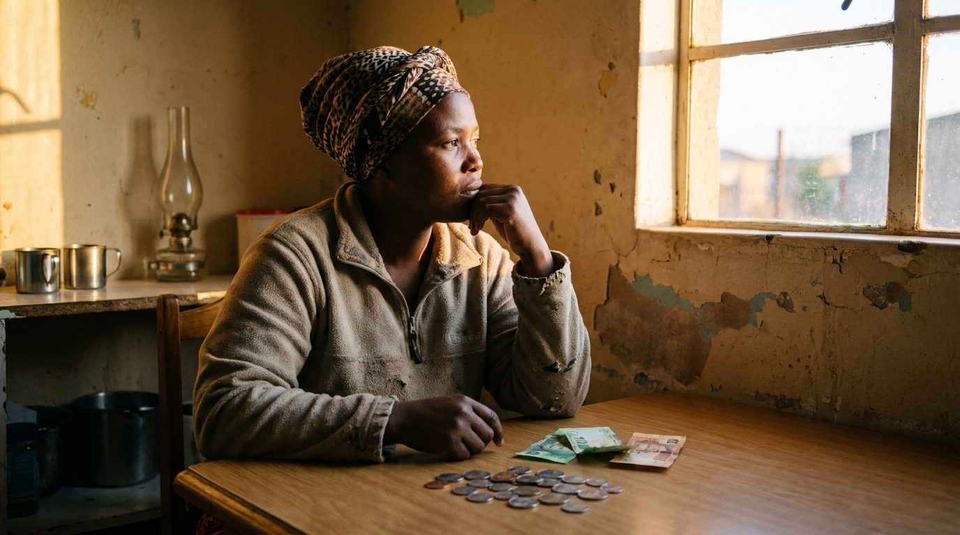 South African mother planning family finances at kitchen table with coins and notes
