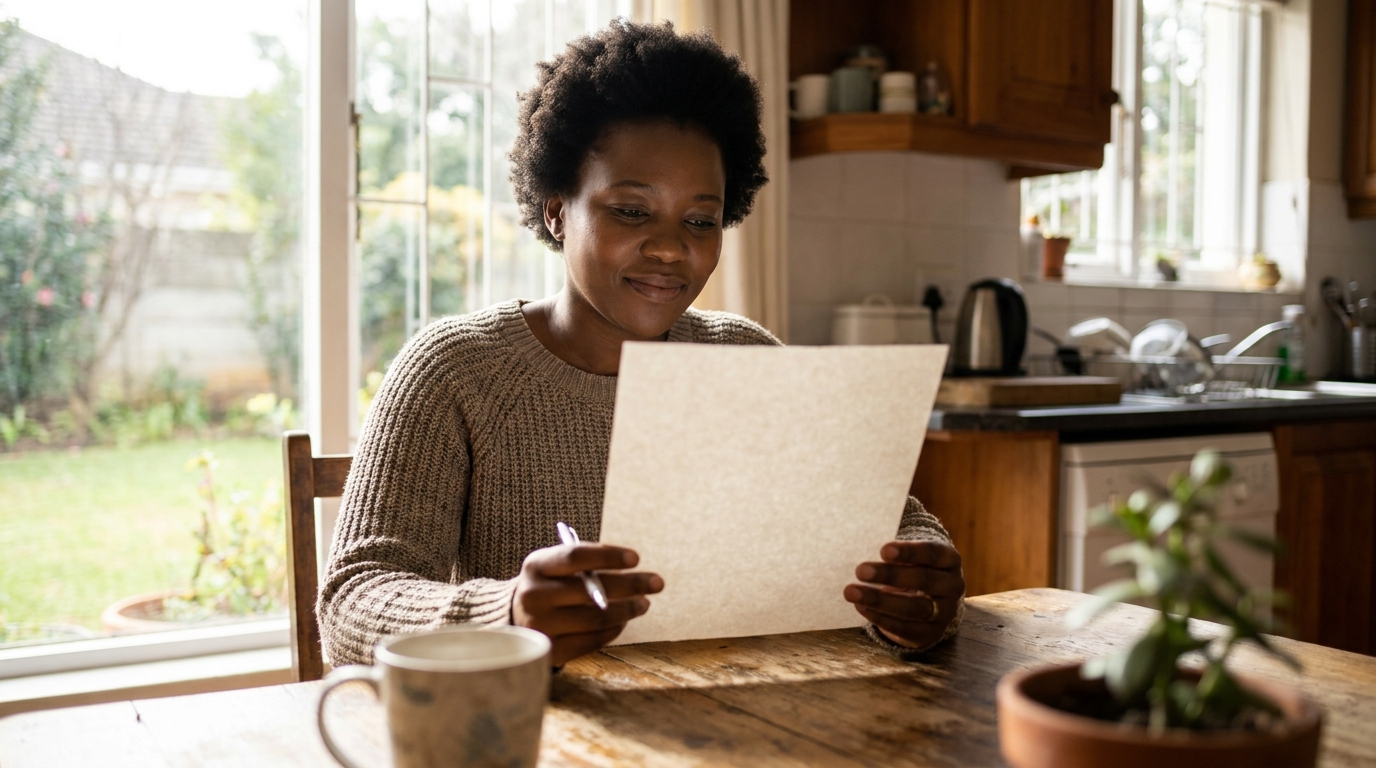 A South African borrower calmly reviewing an agreement at home.