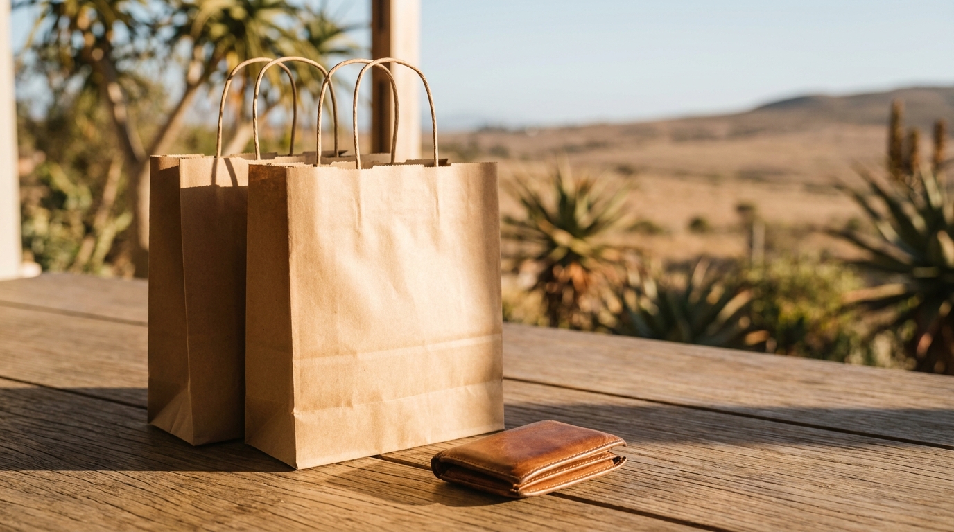 Plain shopping bags and a wallet — a calm reminder to spend deliberately.