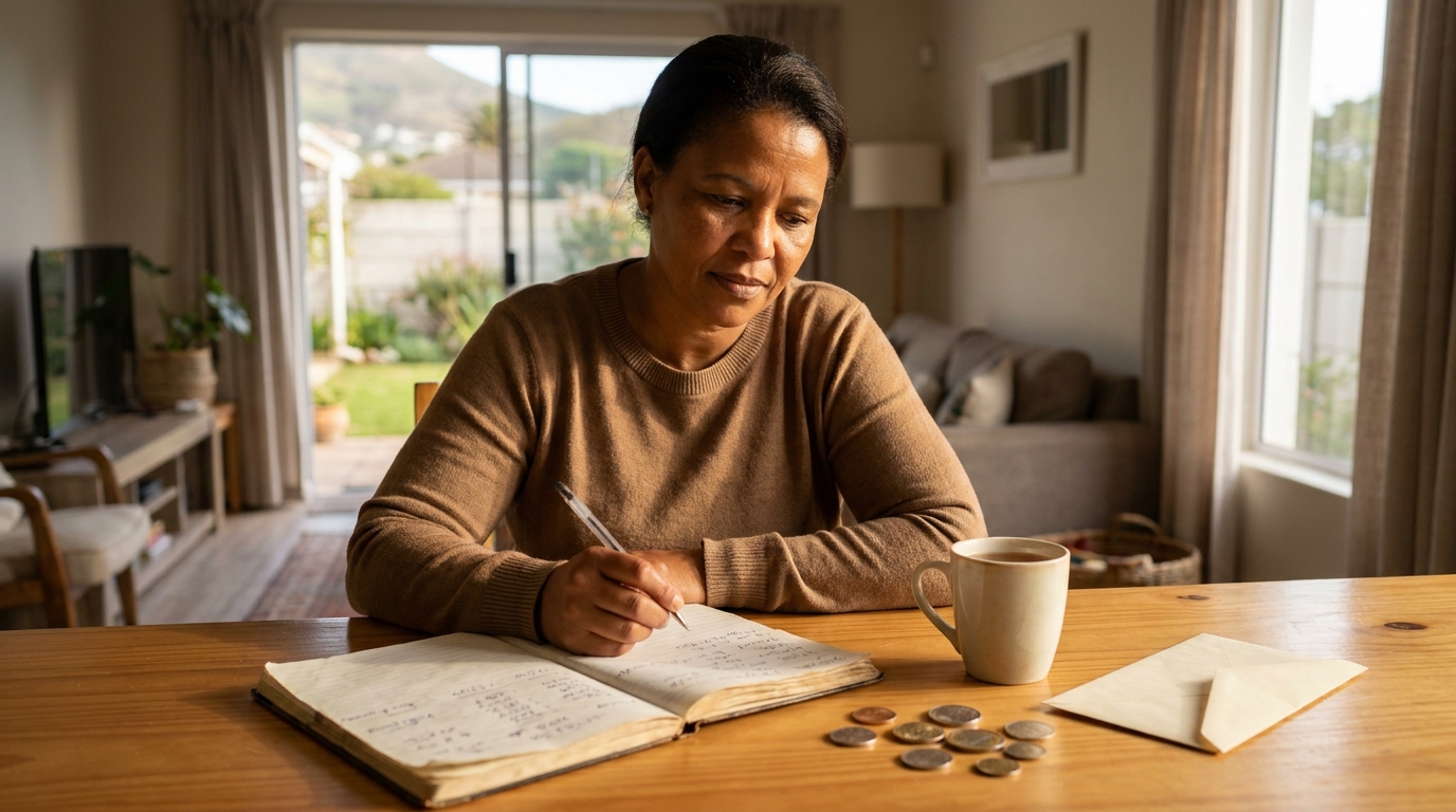 A South African shopper budgeting carefully at a kitchen table.