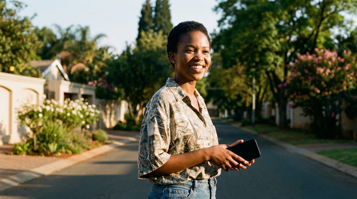 A young South African person on a suburban street, smiling, in golden-hour light