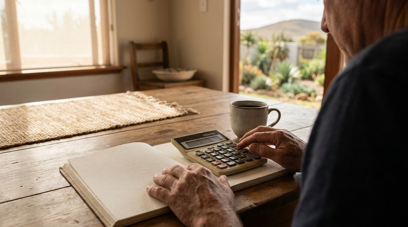 An adult checking finances on a notebook with a calculator and coffee at home