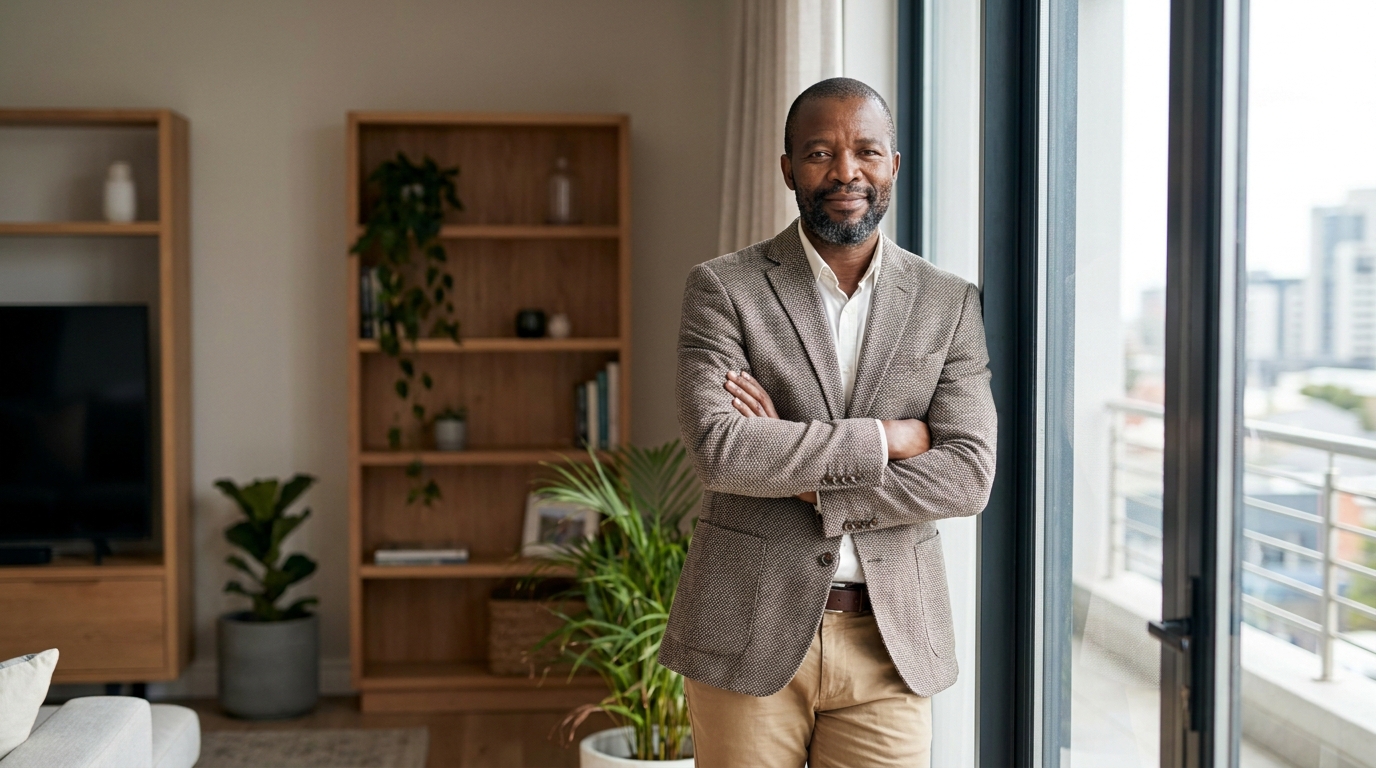 A confident South African adult standing relaxed in a bright modern home