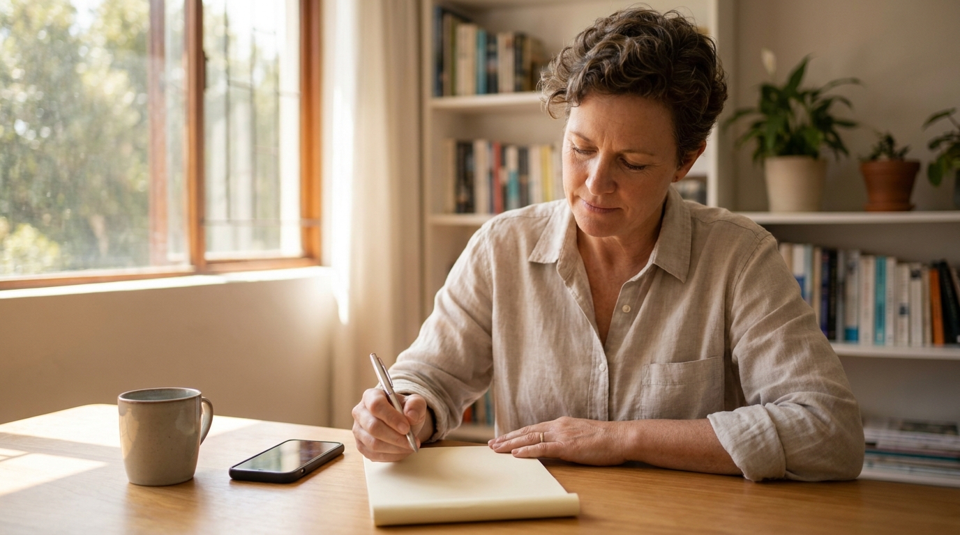 A South African adult reviewing figures calmly at a home-office desk