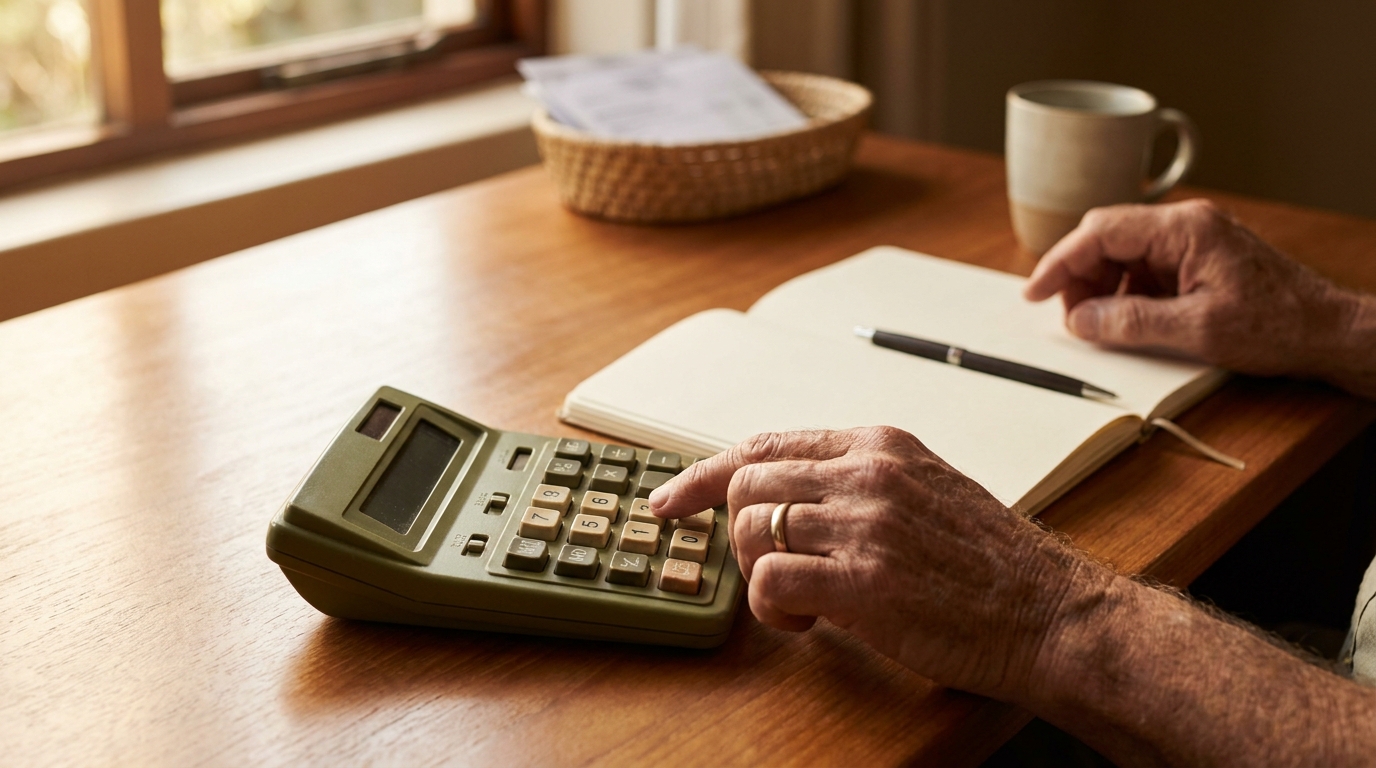 Hands working out a cost on a desk calculator beside a blank notebook