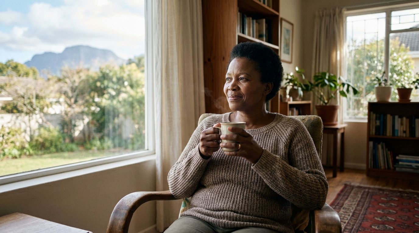 A South African adult relaxing by a window with a warm drink, calm and reassured