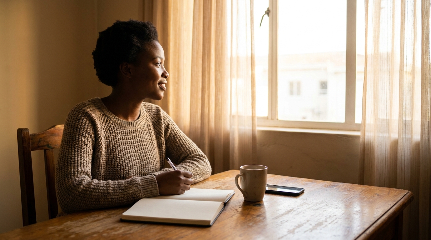 A young South African person planning at home in warm morning light