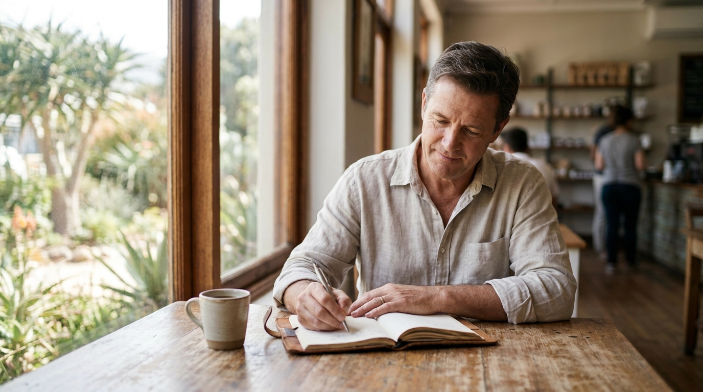 A South African adult writing in a notebook at a bright table, setting goals