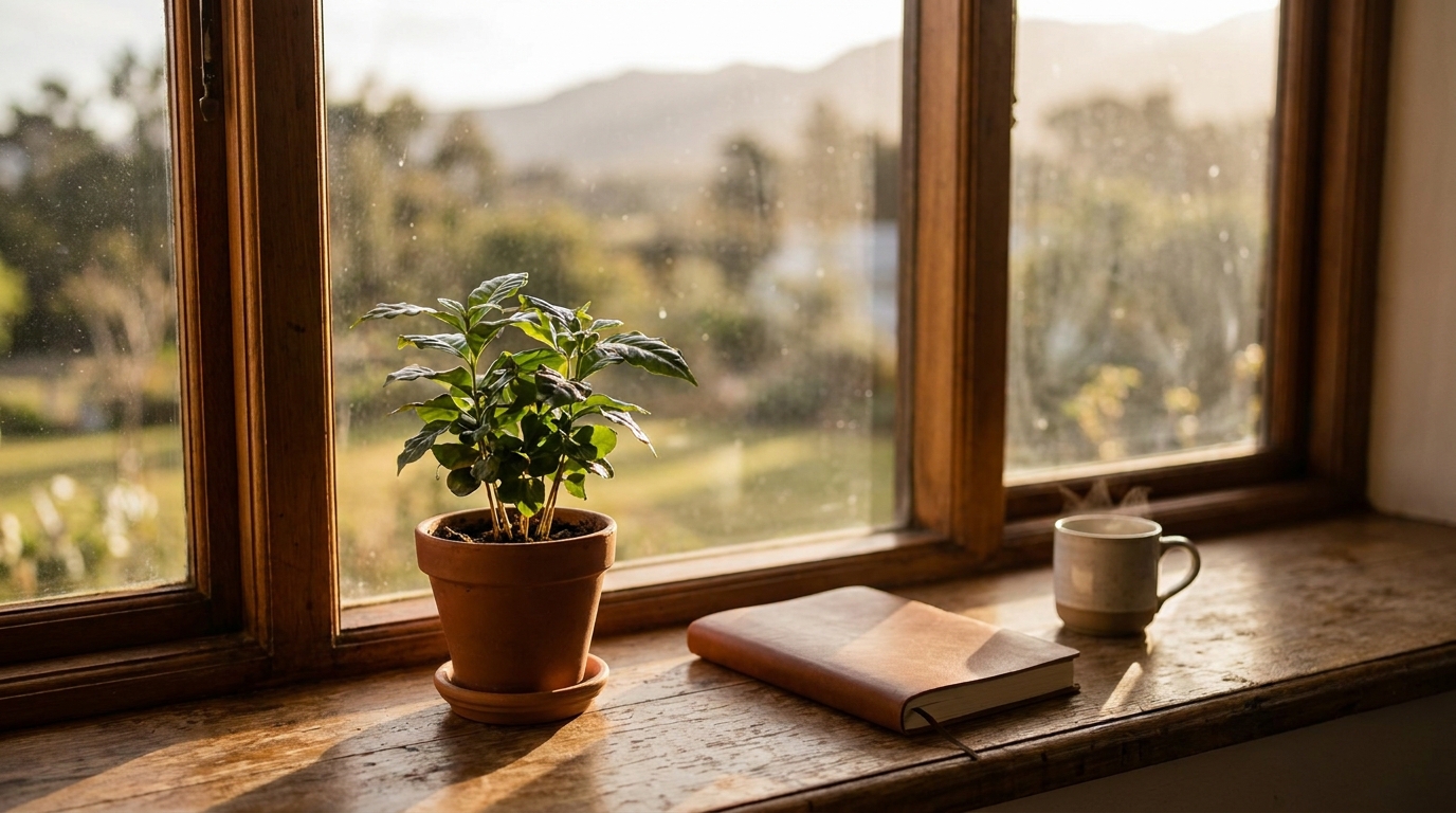 A small green plant growing on a sunlit windowsill beside a notebook — growth over time
