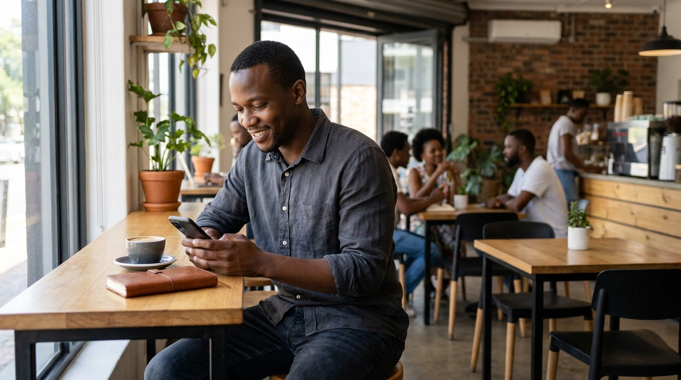South African man using smartphone - Wonga alternatives in South Africa