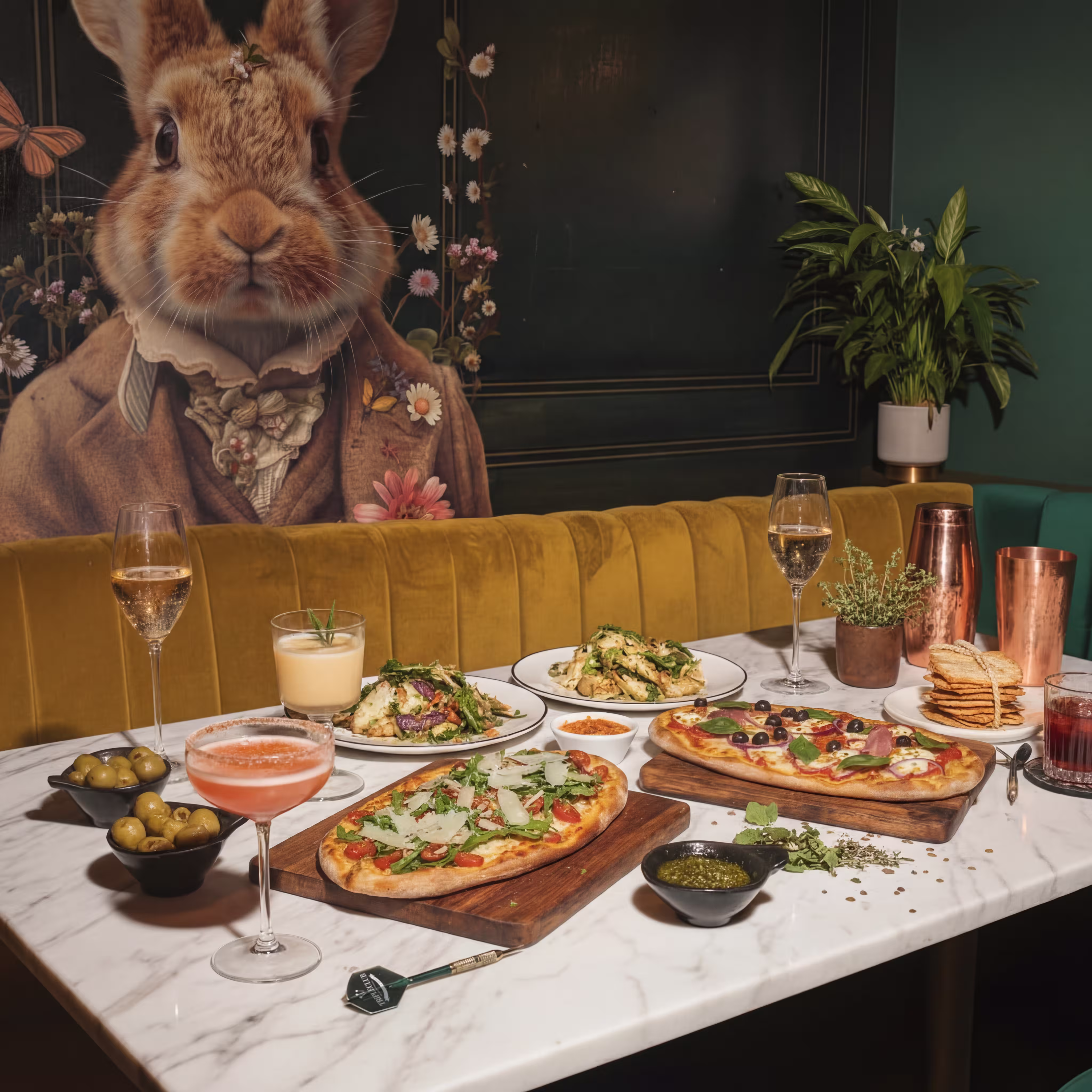 Tafel met pinses, bites, olijven, en diverse drankjes in een restaurant met een muurschildering van een konijn in kleding.