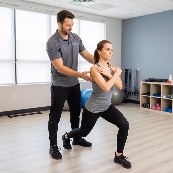 A physical therapist helps a patient with a movement assessment in a brightly lit clinic, focusing on identifying root causes of pain.