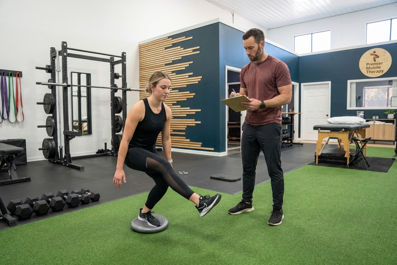 Athlete completing a return-to-sport movement assessment with a physical therapist at a performance PT clinic in Louisville, KY