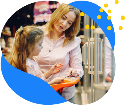 Mother and daughter using a credit card terminal in a store, framed by a blue and yellow decorative border.
