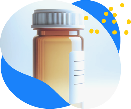 Amber prescription medicine bottle with a gray cap and a partially visible label.