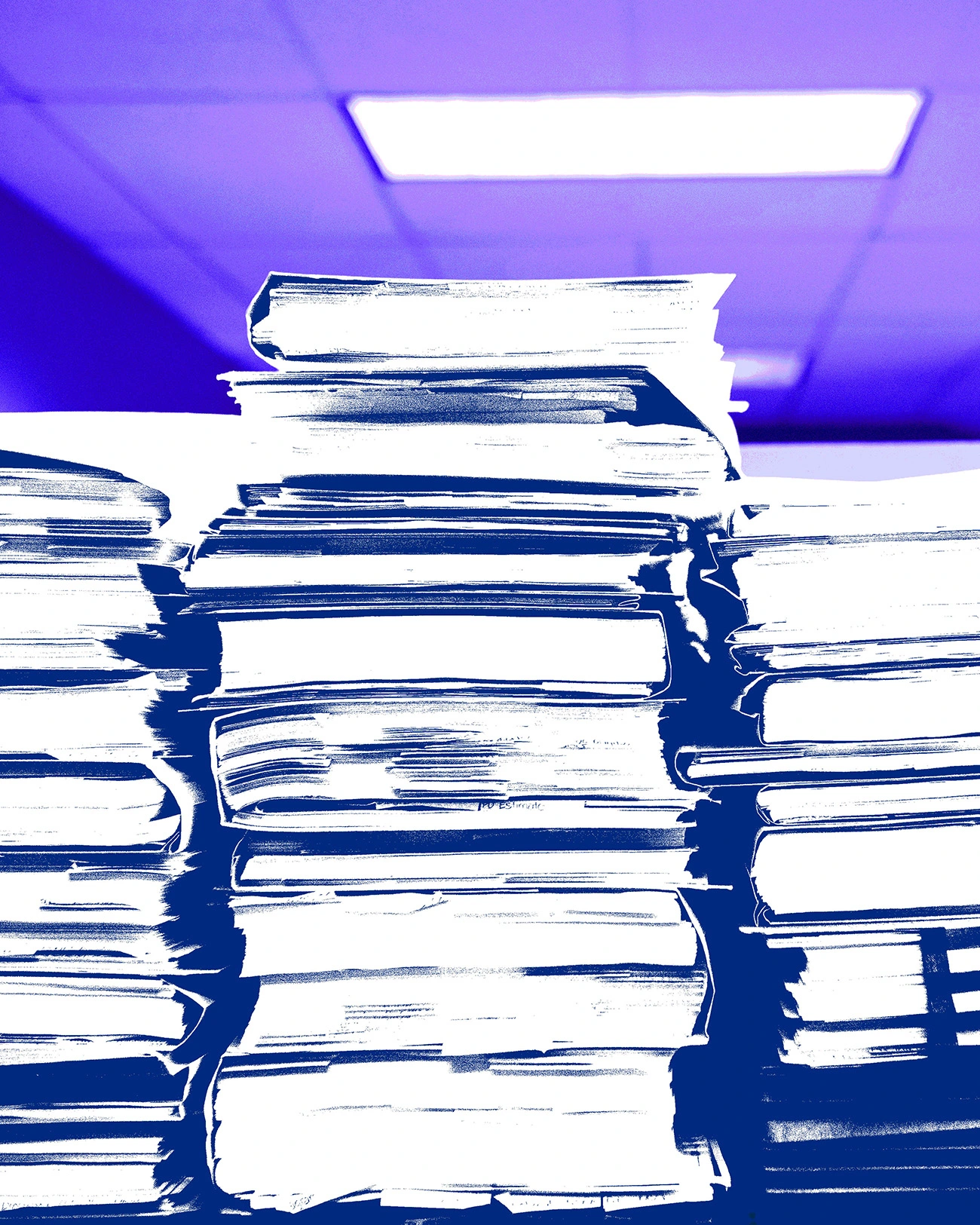 Stacks of documents and files on desk.