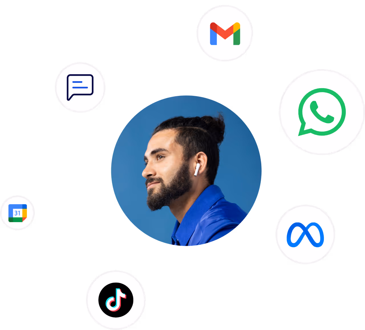 Profile photo of a bearded man with earbuds surrounded by icons for Gmail, WhatsApp, Meta, TikTok, Google Calendar, and messaging.