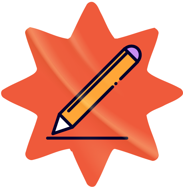 Orange pencil with purple eraser drawing a line on an orange starburst background.