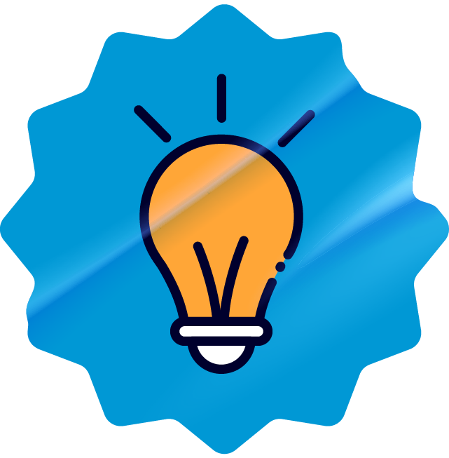 Orange light bulb icon with rays on a blue scalloped background.