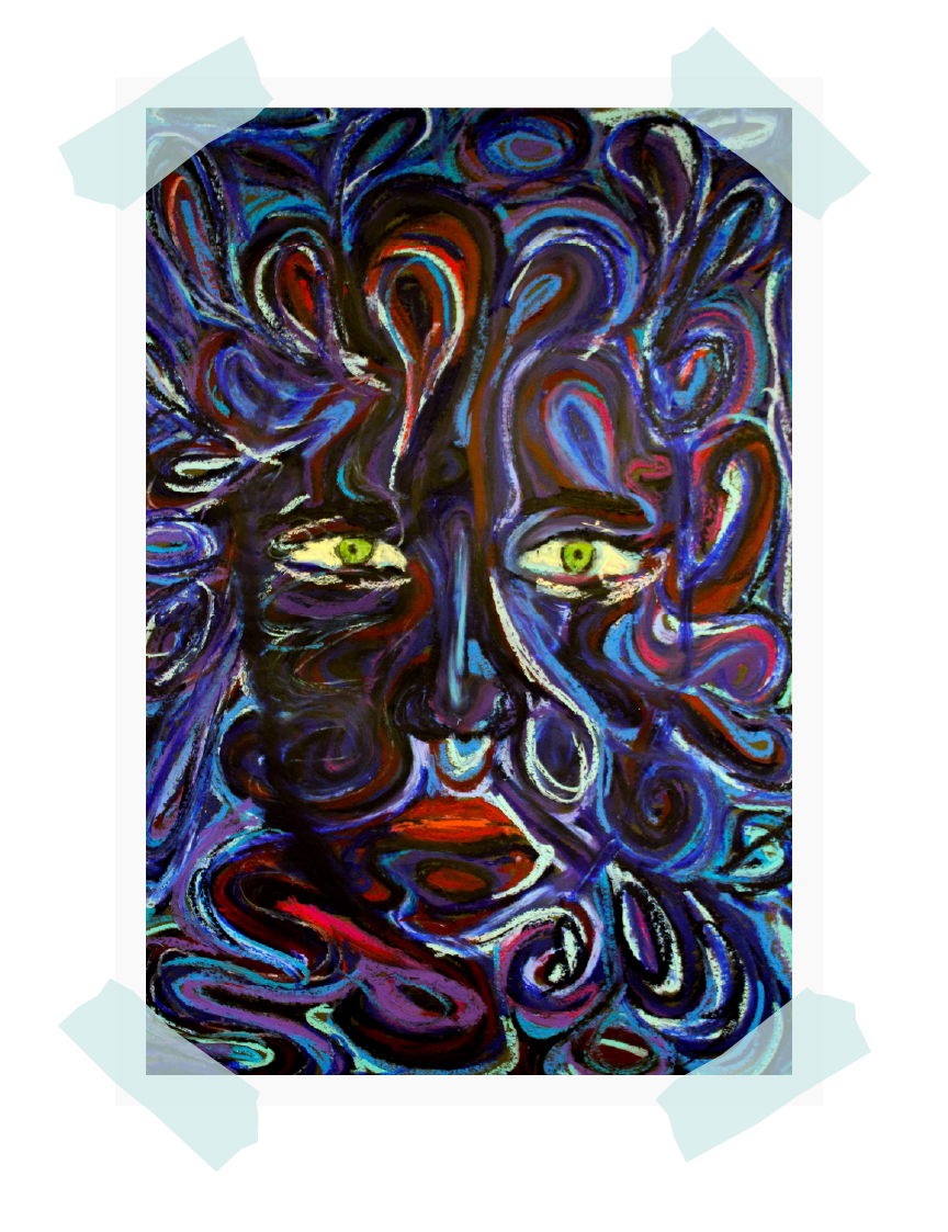 Abstract colorful painting of a face with swirling patterns in blue, purple, red, and black, featuring bright green eyes and red lips.