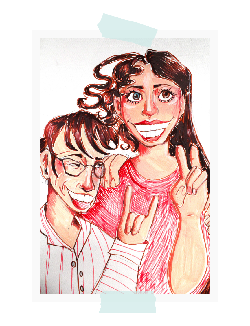 Illustration of two smiling people with exaggerated large eyes and wide grins, one making a peace sign and the other making a rock and roll hand gesture.