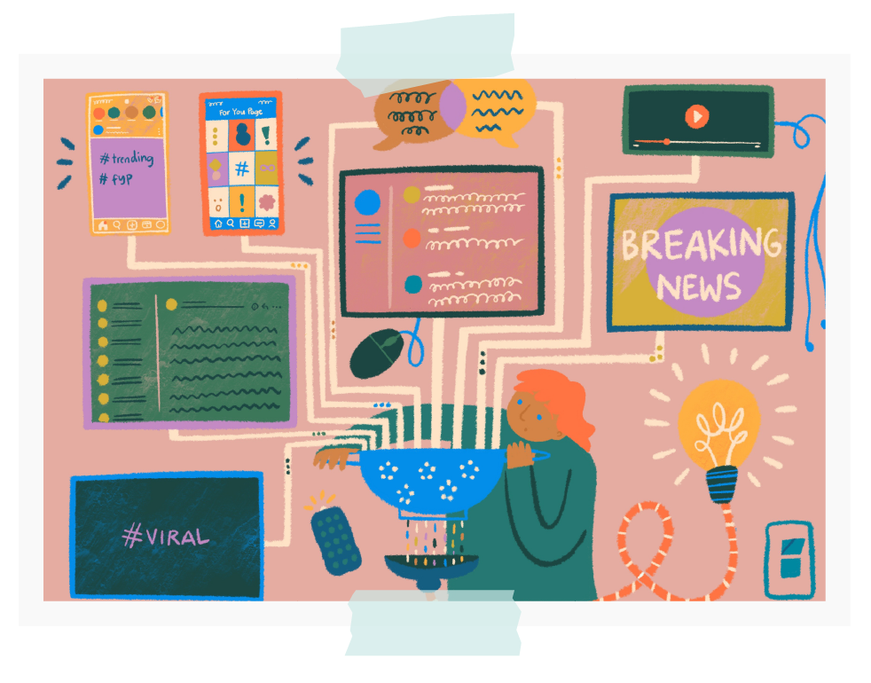Illustration of a person filtering online content from various screens and devices, with tags like #trending, #viral, a breaking news screen, and a glowing light bulb symbolizing ideas.