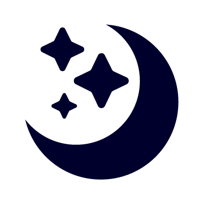 Dark crescent moon with three stars on a white background.