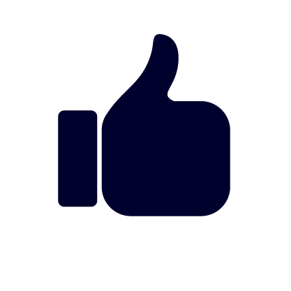Solid dark blue thumbs-up icon on a white background.