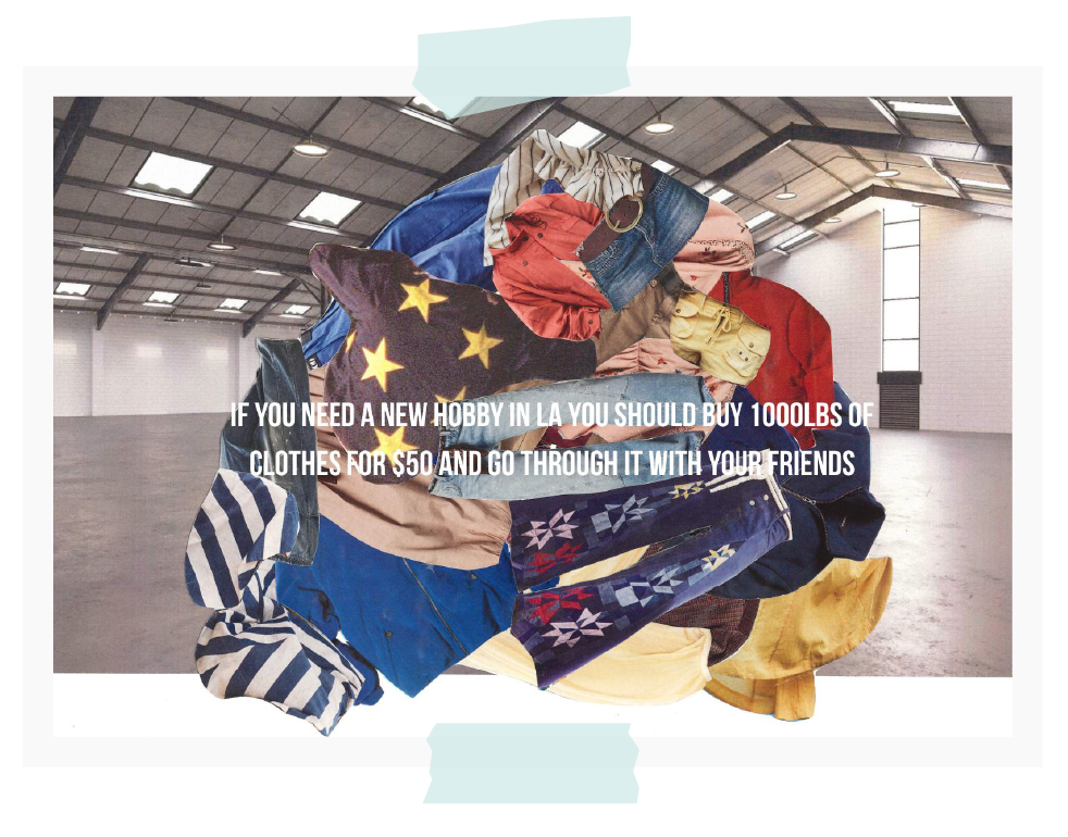 Pile of assorted colorful clothes in an empty warehouse with text overlay about buying 1000lbs of clothes for $50 as a hobby in LA.