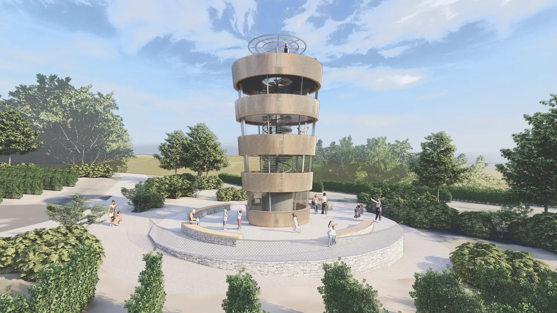 Architektonická vizualizace rozhledny v přírodním prostředí.