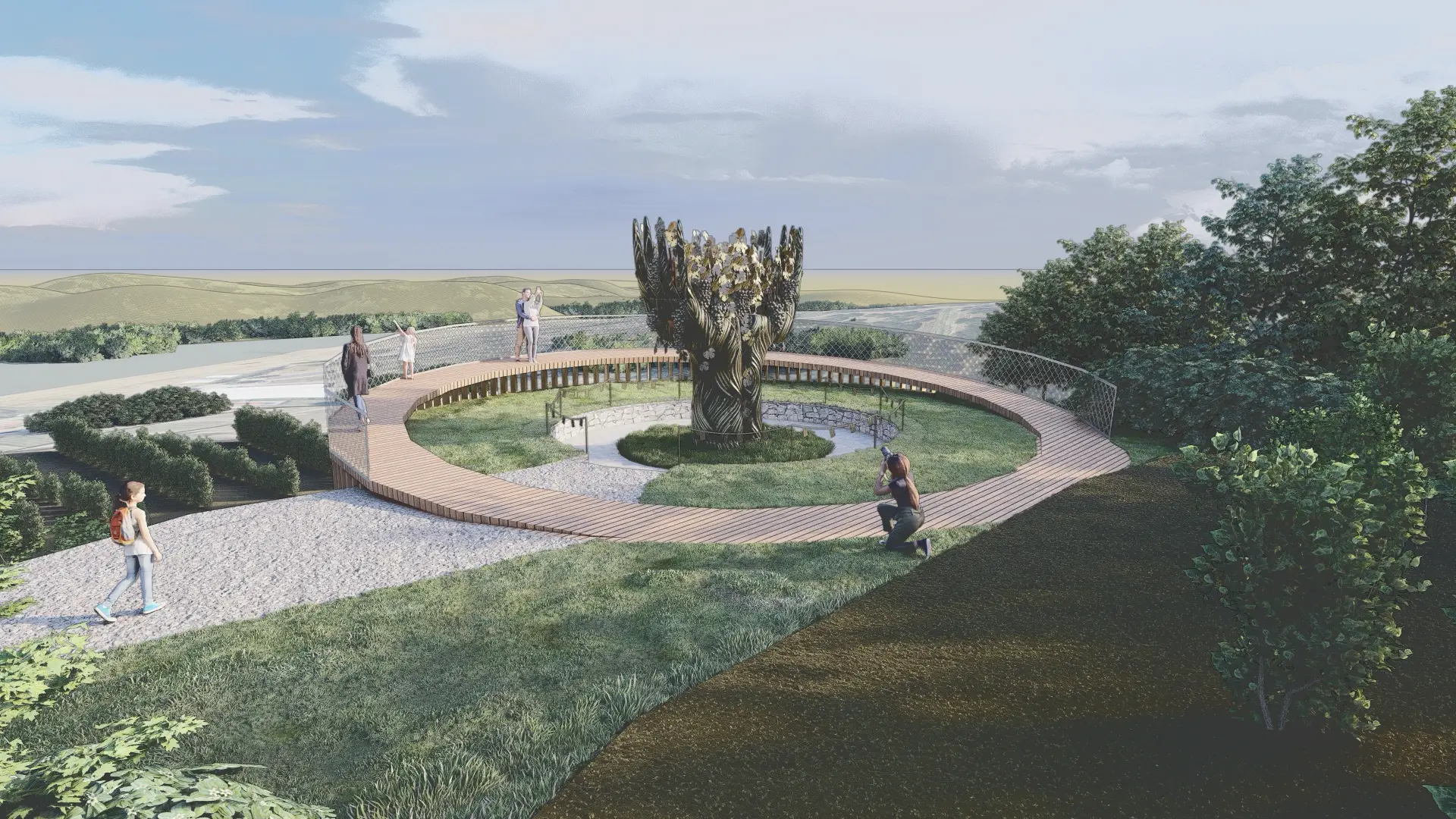 Architektonická vizualizace projektu Vinařské nebe s dřevěnou konstrukcí.