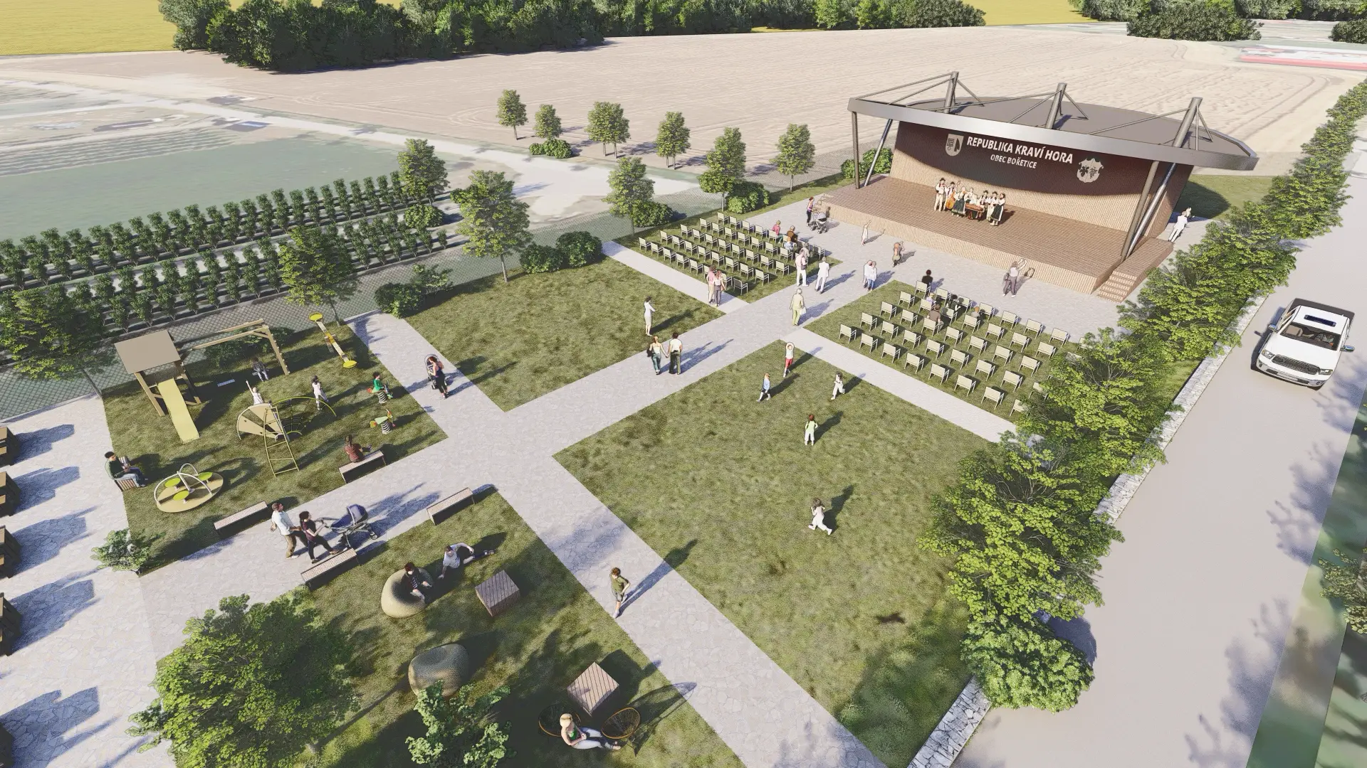 Architektonická vizualizace podium s jednoduchou dřevěnou